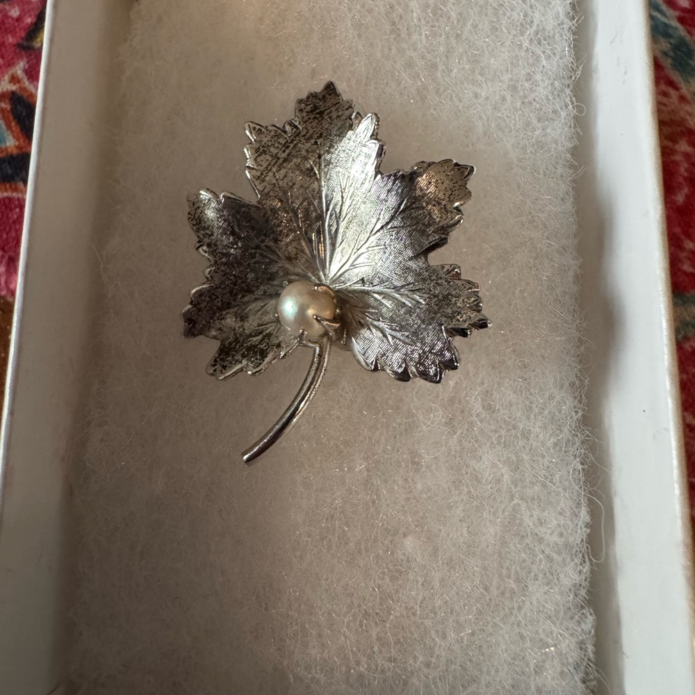 PPC Sterling Silver Leaf Brooch with Pearl Accent